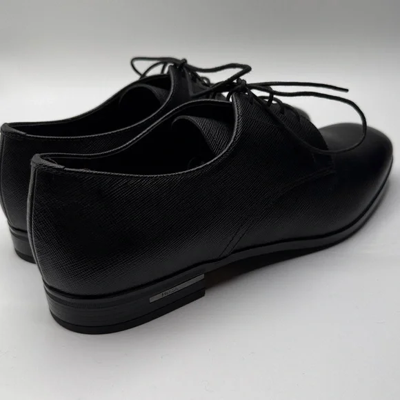 Prada Men's Black Textured Leather Plain Toe Derby Shoes Size 7 - Picture 7 of 10